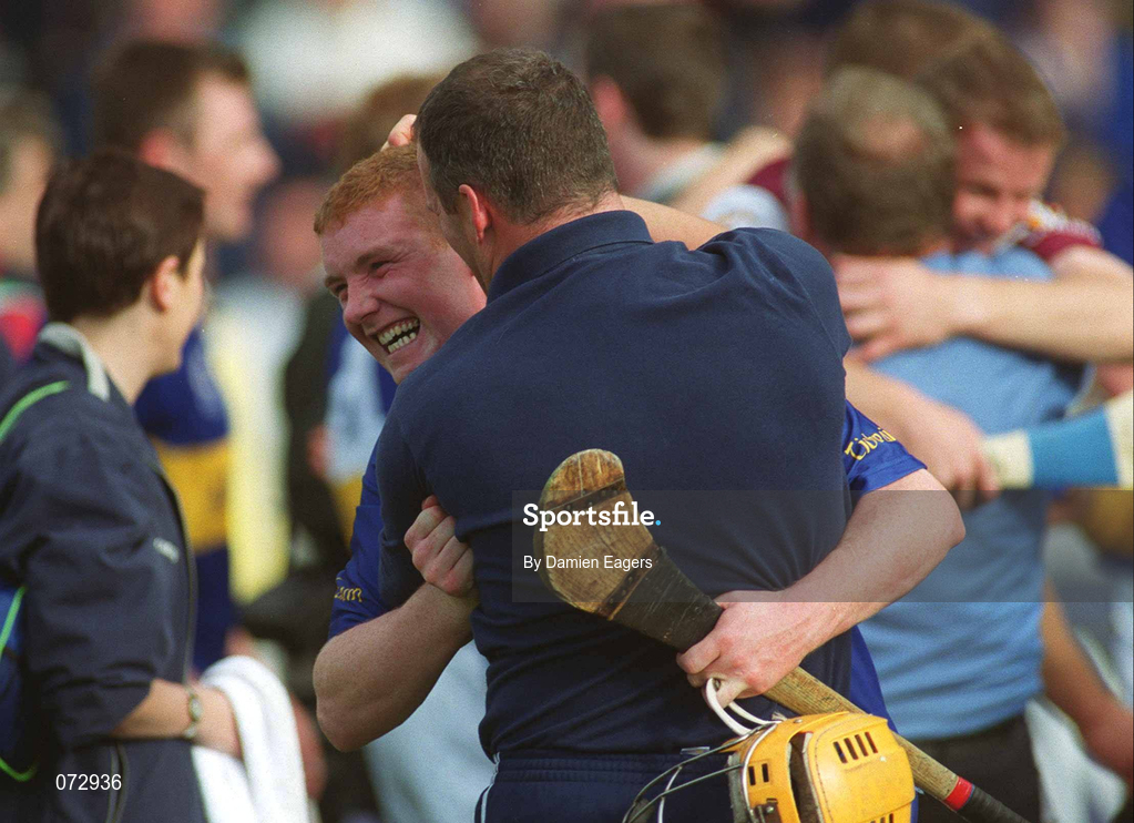 9 September 2001; Tipperary's Eamonn Corcoran celebrates with Ken Hogan following his side's victory in the Guinness All-Ireland Senior Hurling Championship Final match between Tipperary and Galway at Croke Park in Dublin. Photo by Damien Eagers/Sportsfile