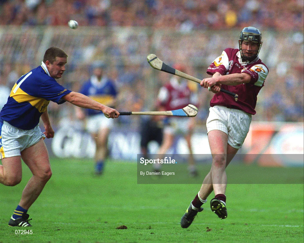 9 September 2001; Liam Hodgins of Galway in action against John Carroll of Tipperary during the Guinness All-Ireland Senior Hurling Championship Final match between Tipperary and Galway at Croke Park in Dublin. Photo by Damien Eagers/Sportsfile