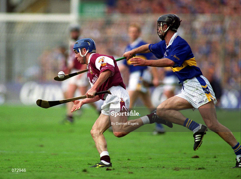 9 September 2001; Kevin Broderick of Galway in action against Thomas Dunne of Tipperary during the Guinness All-Ireland Senior Hurling Championship Final match between Tipperary and Galway at Croke Park in Dublin. Photo by Damien Eagers/Sportsfile