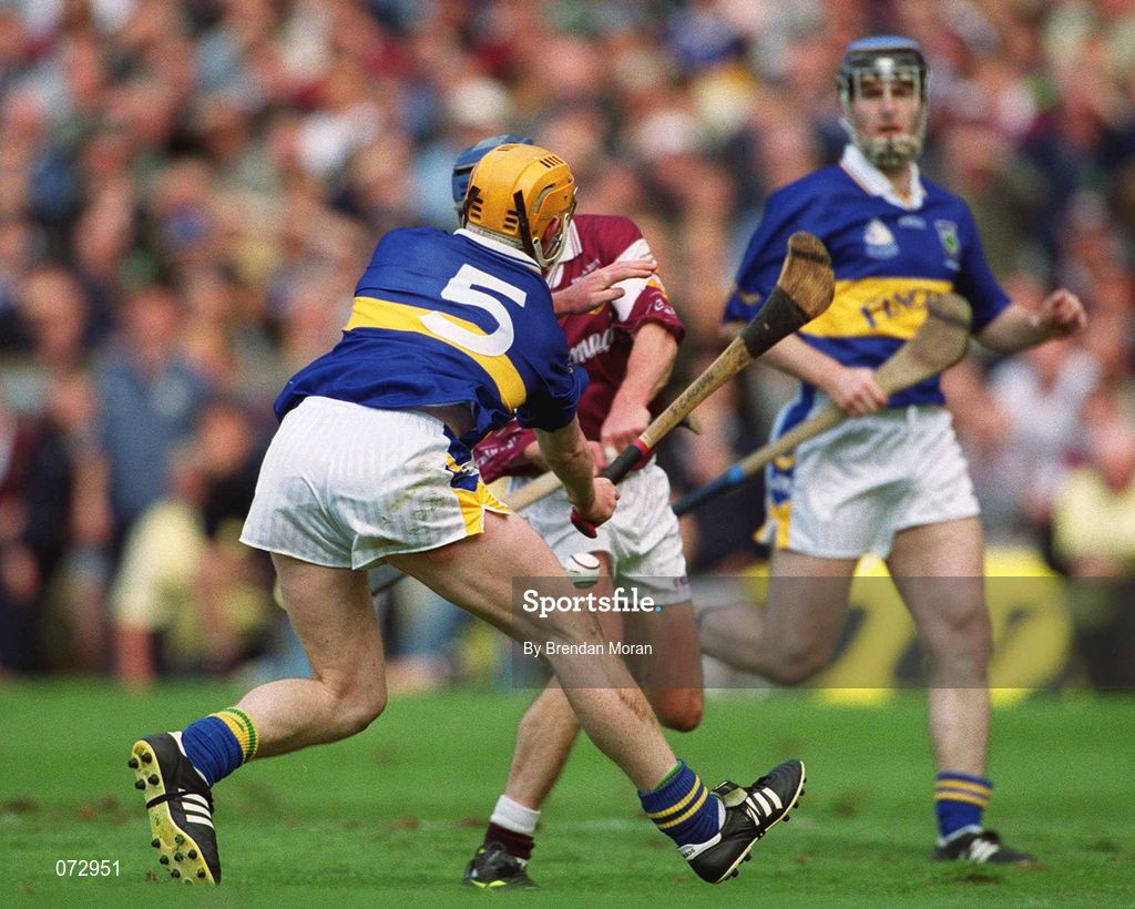 9 September 2001; Kevin Broderick of Galway in action against Eamonn Corcoran of Tipperary during the Guinness All-Ireland Senior Hurling Championship Final match between Tipperary and Galway at Croke Park in Dublin. Photo by Brendan Moran/Sportsfile