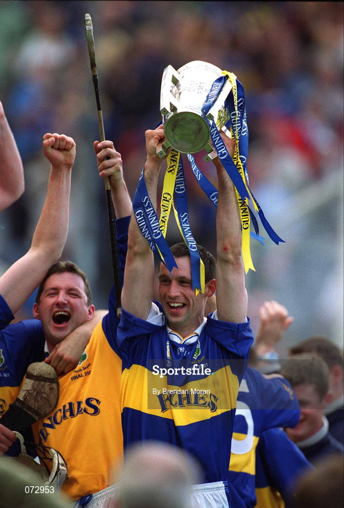 9 September 2001; Tipperary's captain Thomas Dunne lifts the Liam MacCarthy cup following his side's victory in the Guinness All-Ireland Senior Hurling Championship Final match between Tipperary and Galway at Croke Park in Dublin. Photo by Brendan Moran/Sportsfile