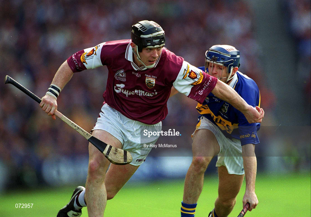 9 September 2001; Eugene Collonan of Galway in action against Paul Kelly of Tipperary during the Guinness All-Ireland Senior Hurling Championship Final match between Tipperary and Galway at Croke Park in Dublin. Photo by Ray McManus/Sportsfile