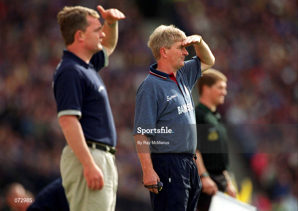 9 September 2001; Galway manager Noel Lane, right, and Tipperary manager Nicky English during the Guinness All-Ireland Senior Hurling Championship Final match between Tipperary and Galway at Croke Park in Dublin. Photo by Ray McManus/Sportsfile