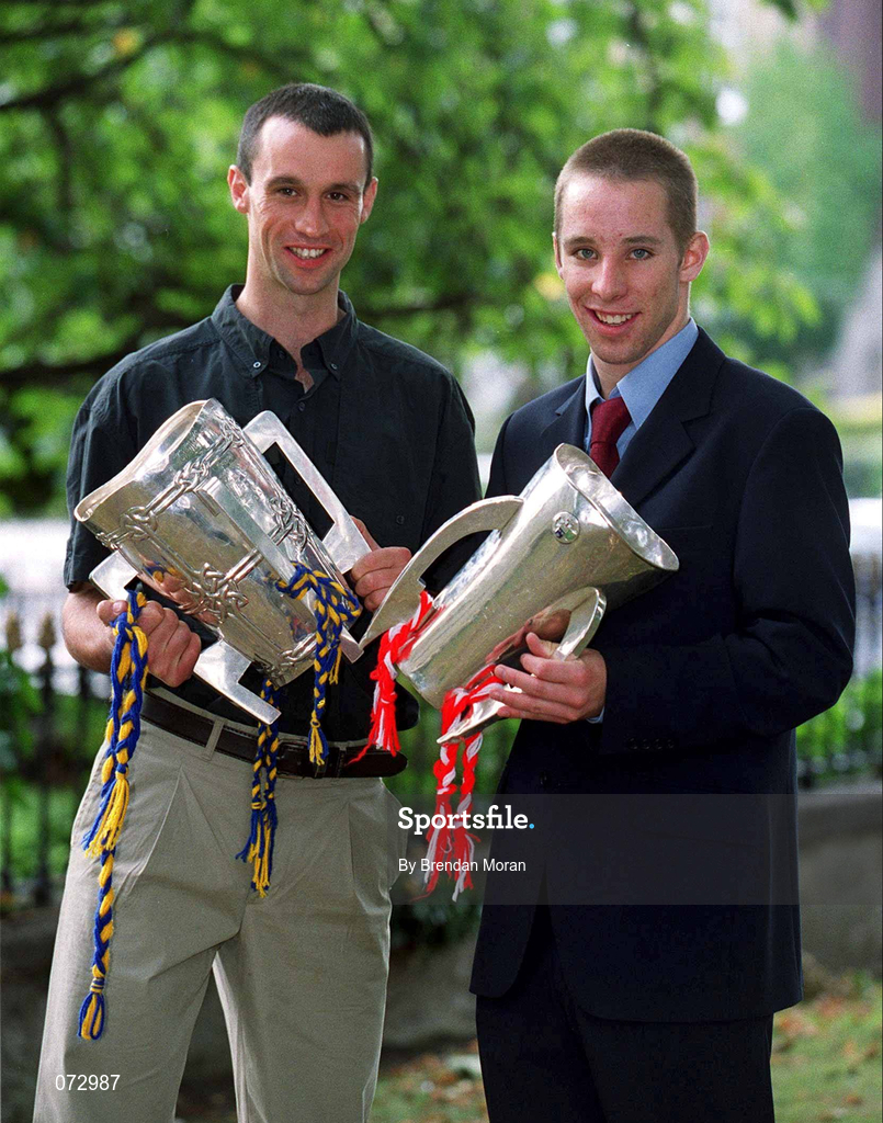 10 September 2001; Tipperary captain Thomas Dunne, left, with the Liam MacCarthy cup, and Cork minor captain Tomas O'Leary with the Irish Press trophy outside the Burlington Hotel following their side's success in the All-Ireland Senior and Minor Hurling Championship Finals. Photo by Brendan Moran/Sportsfile