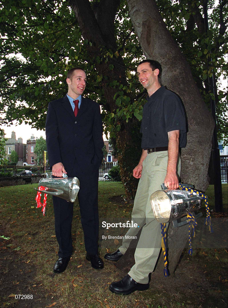 10 September 2001; Tipperary captain Thomas Dunne, right, with the Liam MacCarthy cup, and Cork minor captain Tomas O'Leary with the Irish Press trophy outside the Burlington Hotel following their side's success in the All-Ireland Senior and Minor Hurling Championship Finals. Photo by Brendan Moran/Sportsfile