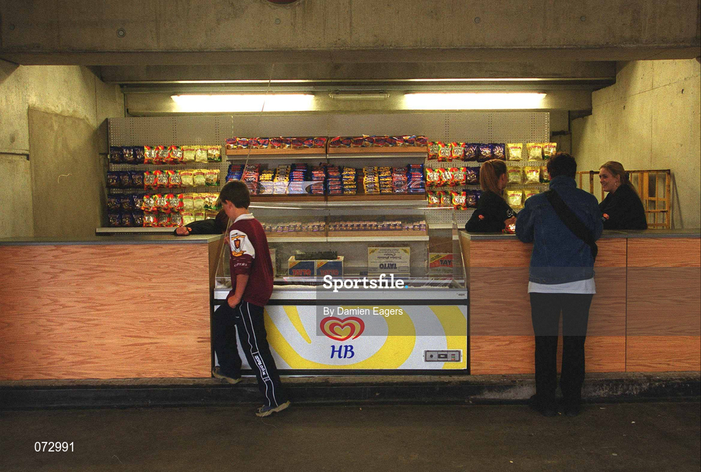 9 September 2001; A Galway supporter at a confectionary shop during the Guinness All-Ireland Senior Hurling Championship Final match between Tipperary and Galway at Croke Park in Dublin. Photo by Damien Eagers/Sportsfile