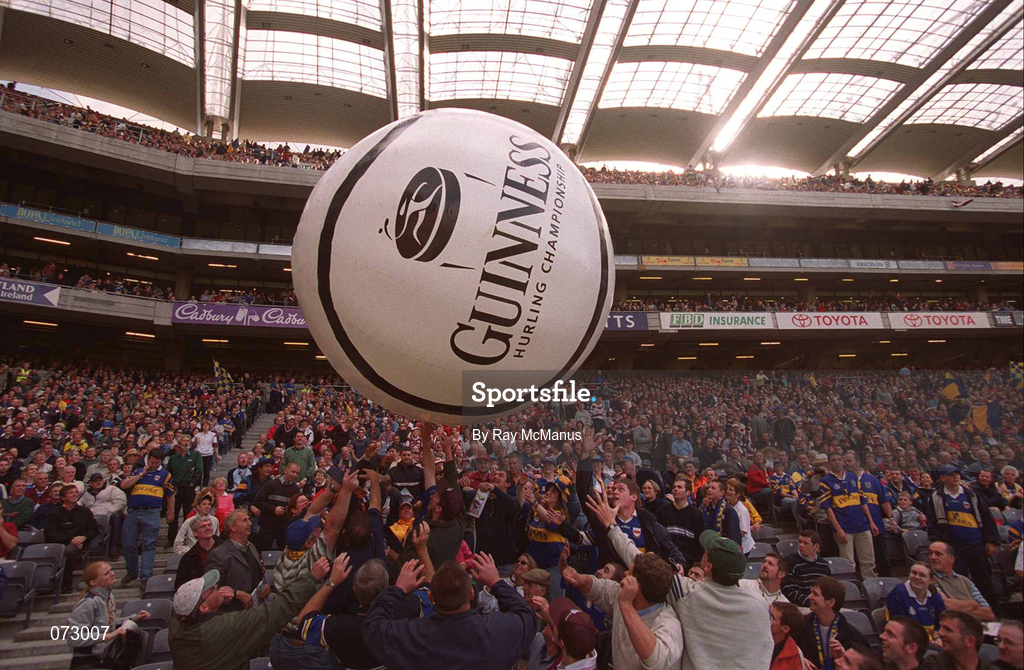 9 September 2001; Tipperary and Galway supporters with the Guinness Sliotar during the half time of the Guinness All-Ireland Senior Hurling Championship Final match between Tipperary and Galway at Croke Park in Dublin. Photo by Ray McManus/Sportsfile