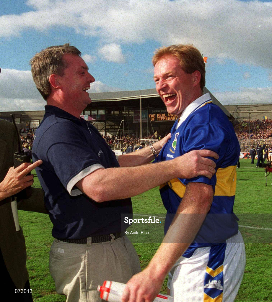 9 September 2001; Tipperary manager Nicky English celebrates with Declan Ryan at the final whistle during the Guinness All-Ireland Senior Hurling Championship Final match between Tipperary and Galway at Croke Park in Dublin. Photo by Aoife Rice/Sportsfile