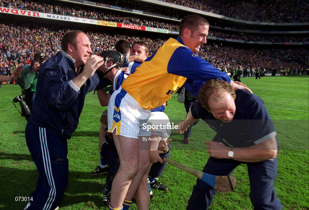 9 September 2001; Tipperary's John Leahy, left, sub goalkeeper Darragh Rabbitte and selector Jack Bergin celebrate at the final whistle of the Guinness All-Ireland Senior Hurling Championship Final match between Tipperary and Galway at Croke Park in Dublin. Photo by Aoife Rice/Sportsfile