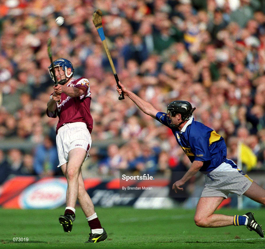 9 September 2001; Mark Kerins of Galway in action against Eddie Enright of Tipperary during the Guinness All-Ireland Senior Hurling Championship Final match between Tipperary and Galway at Croke Park in Dublin. Photo by Brendan Moran/Sportsfile