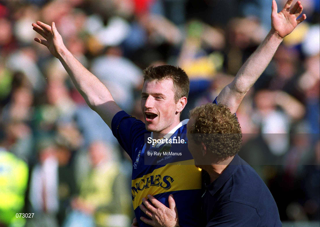 9 September 2001; David Kennedy of Tipperary celebrates with selector Jack Bergin following their victory in the Guinness All-Ireland Senior Hurling Championship Final match between Tipperary and Galway at Croke Park in Dublin. Photo by Brendan Moran/Sportsfile