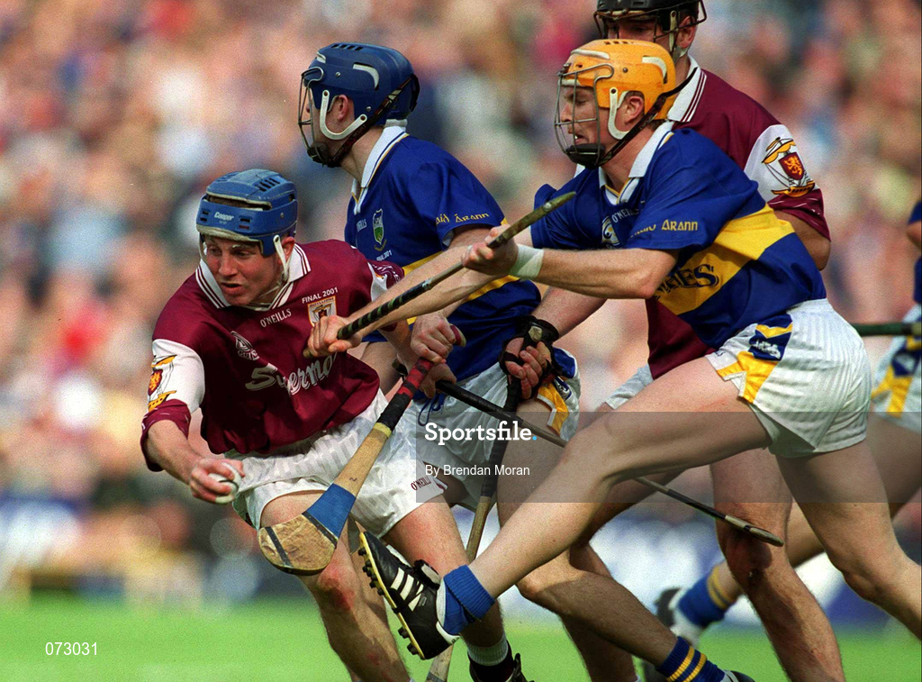 9 September 2001; Kevin Broderick of Galway is tackled by Paul Ormonde, right, and Paul Kelly of Tipperary during the Guinness All-Ireland Senior Hurling Championship Final match between Tipperary and Galway at Croke Park in Dublin. Photo by Brendan Moran/Sportsfile