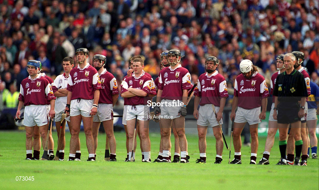 9 September 2001; The Galway team stand for the National Anthem prior to the Guinness All-Ireland Senior Hurling Championship Final match between Tipperary and Galway at Croke Park in Dublin. Photo by Aoife Rice/Sportsfile