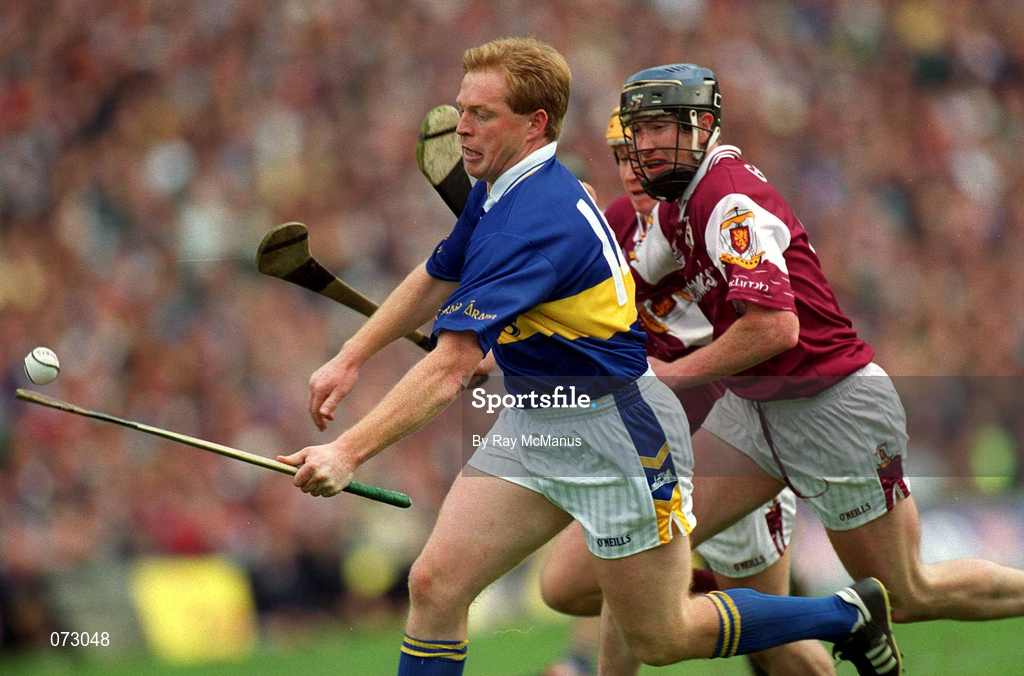 9 September 2001; Declan Ryan of Tipperary in action against Liam Hodgins of Galway during the Guinness All-Ireland Senior Hurling Championship Final match between Tipperary and Galway at Croke Park in Dublin. Photo by Ray McManus/Sportsfile