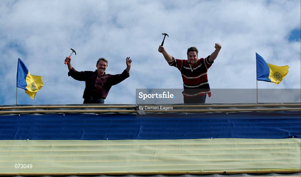 10 September 2001; Two Tipperary builders celebrate their county's victory during the All-Ireland hurling champions Tipperary homecoming in Thurles, Tipperary. Photo by Damien Eagers/Sportsfile