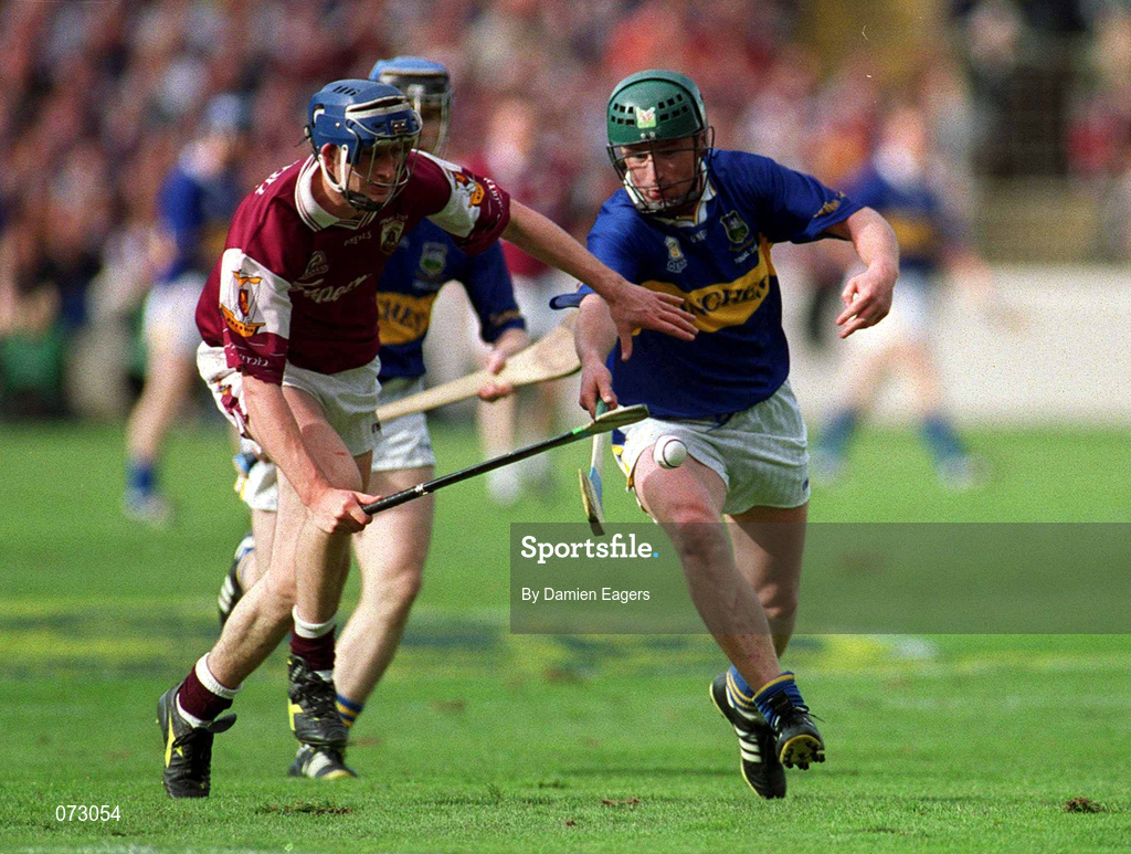 9 September 2001; Mark Kerins of Galway in action against David Kennedy of Tipperary during the Guinness All-Ireland Senior Hurling Championship Final match between Tipperary and Galway at Croke Park in Dublin. Photo by Damien Eagers/Sportsfile