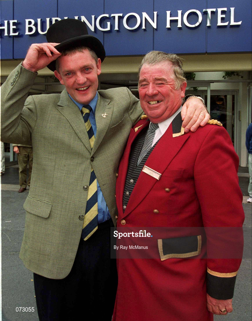 10 September 2001; Tipperary manager Nicky English with Burlington Hotel Commisionaire Charles Lyons after Tipperary's victory in the All-Ireland Hurling Championship Final. Photo by Ray McManus/Sportsfile