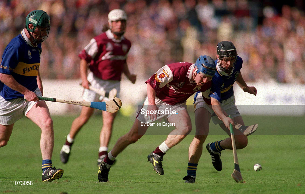 9 September 2001; Kevin Broderick of Galway in action against Thomas Dunne, right, and David Kennedy of Tipperary during the Guinness All-Ireland Senior Hurling Championship Final match between Tipperary and Galway at Croke Park in Dublin. Photo by Damien Eagers/Sportsfile