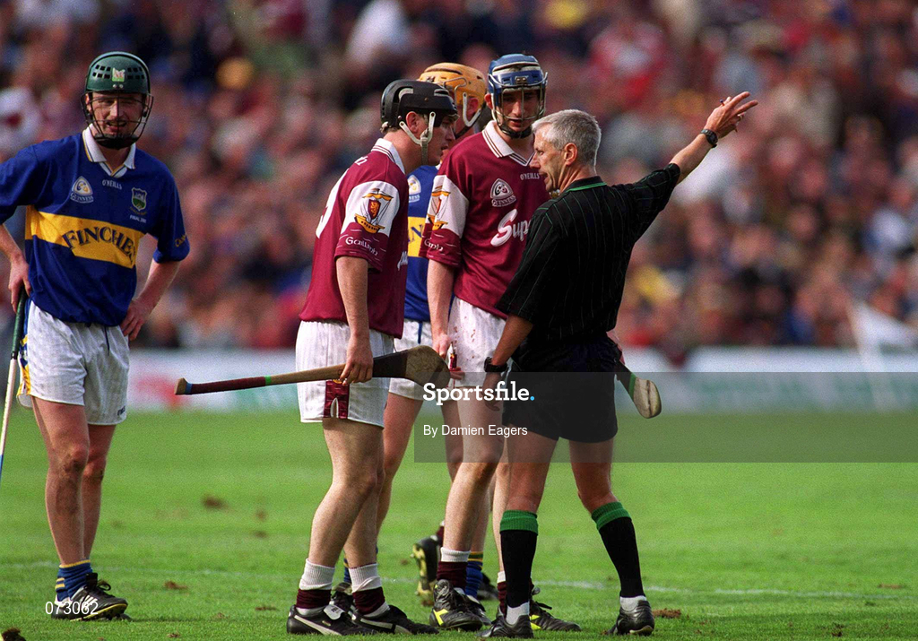 9 September 2001; Galway players Ollie Fahy and Mark Kerins question referee Pat O'Connor's decision to disallow Kevin Broderick's of Tipperary goal during the Guinness All-Ireland Senior Hurling Championship Final match between Tipperary and Galway at Croke Park in Dublin. Photo by Damien Eagers/Sportsfile