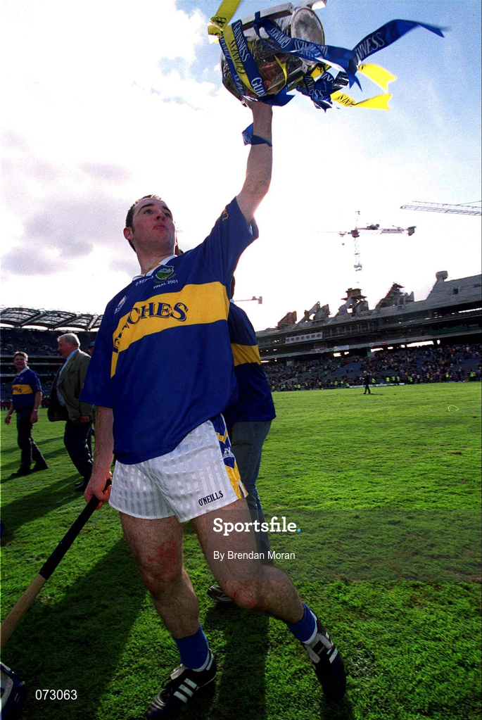 9 September 2001; Tipperary's Eoin Kelly celebrates with the Liam MacCarthy cup following his side's victory in the Guinness All-Ireland Senior Hurling Championship Final match between Tipperary and Galway at Croke Park in Dublin. Photo by Brendan Moran/Sportsfile
