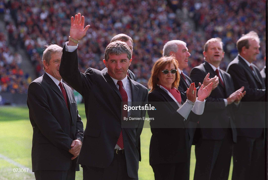 9 September 2001; Cork's John Fenton is introduced to the crowd during the presentation of the 1976 Cork 3 in a row Jubilee team, prior to the Guinness All-Ireland Senior Hurling Championship Final match between Tipperary and Galway at Croke Park in Dublin. Photo by Damien Eagers/Sportsfile