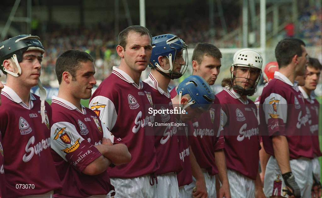 9 September 2001; Joe Rabbitte of Galway stands with his team-mates awaiting the introduction of the President of Ireland prior to the Guinness All-Ireland Senior Hurling Championship Final match between Tipperary and Galway at Croke Park in Dublin. Photo by Damien Eagers/Sportsfile