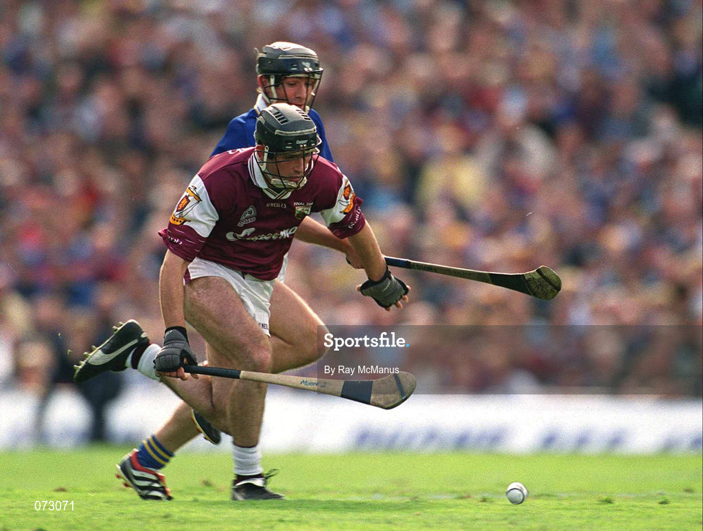 9 September 2001; Cathal Moore of Galway in action against Mark O'Leary of Tipperary during the Guinness All-Ireland Senior Hurling Championship Final match between Tipperary and Galway at Croke Park in Dublin. Photo by Ray McManus/Sportsfile