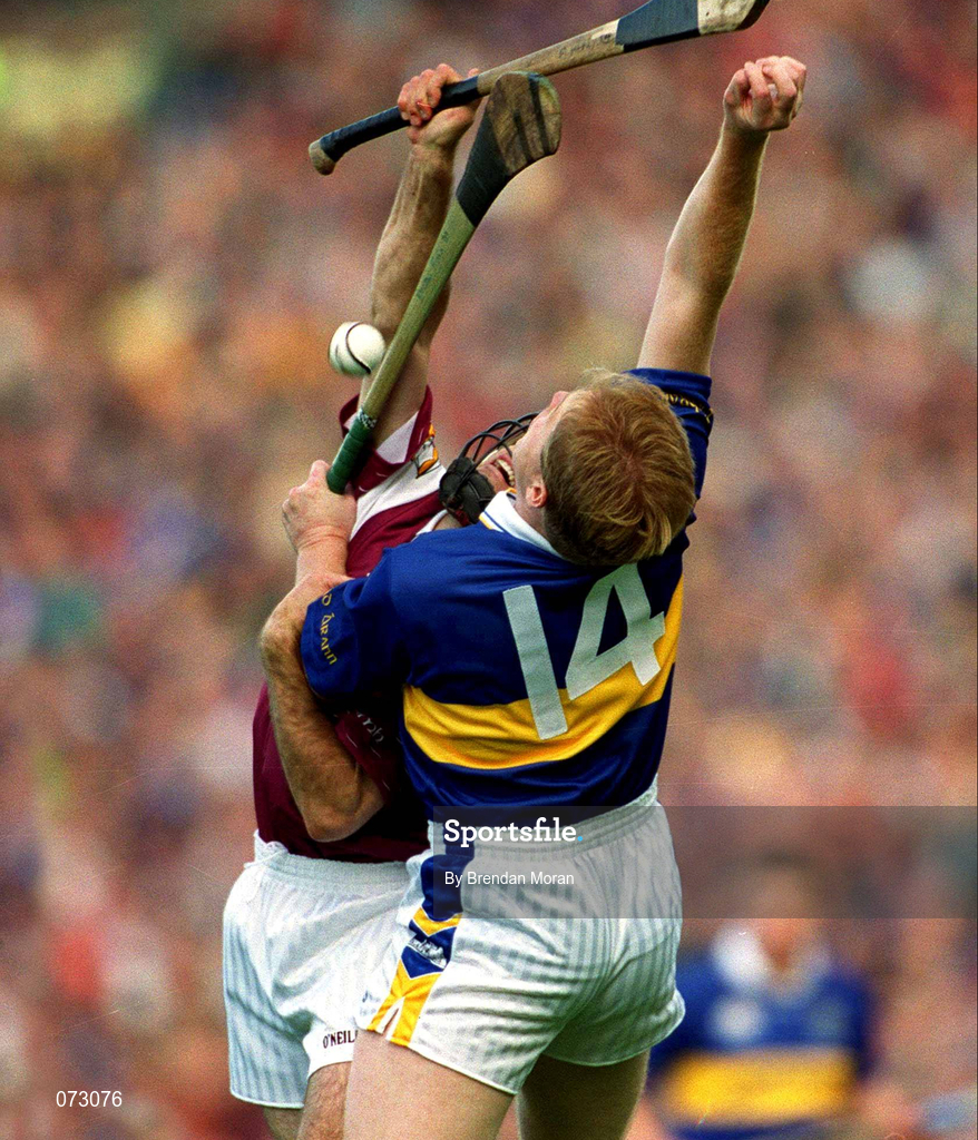9 September 2001; Michael Healy of Galway in action against Declan Ryan of Tipperary during the Guinness All-Ireland Senior Hurling Championship Final match between Tipperary and Galway at Croke Park in Dublin. Photo by Brendan Moran/Sportsfile