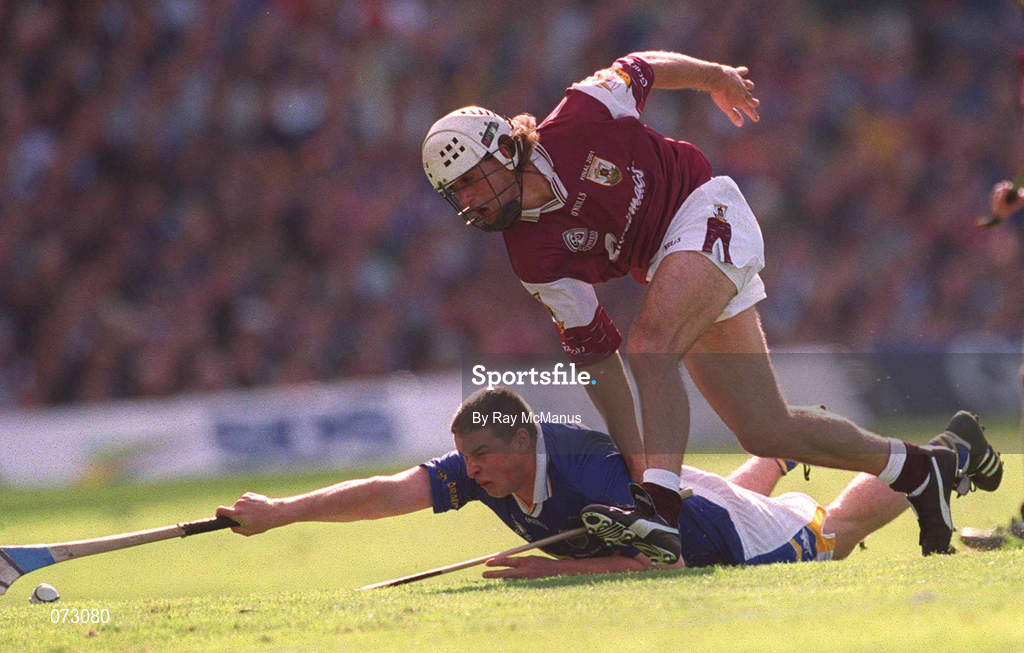 9 September 2001; David Tierney of Galway is tackled by John Carroll of Tipperary during the Guinness All-Ireland Senior Hurling Championship Final match between Tipperary and Galway at Croke Park in Dublin. Photo by Ray McManus/Sportsfile