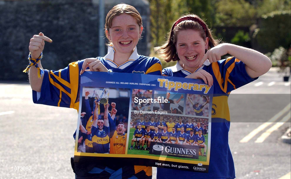 10 September 2001; Sisters Susan, (left) and Sharon Shelly await the arrival of All-Ireland hurling champions Tipperary during their homecoming in Thurles, Tipperary. Photo by Damien Eagers/Sportsfile