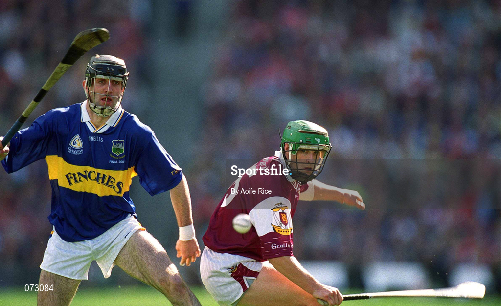 9 September 2001; Fergal Healy of Galway in action against Thomas Costello of Tipperary during the Guinness All-Ireland Senior Hurling Championship Final match between Tipperary and Galway at Croke Park in Dublin. Photo by Aoife Rice/Sportsfile