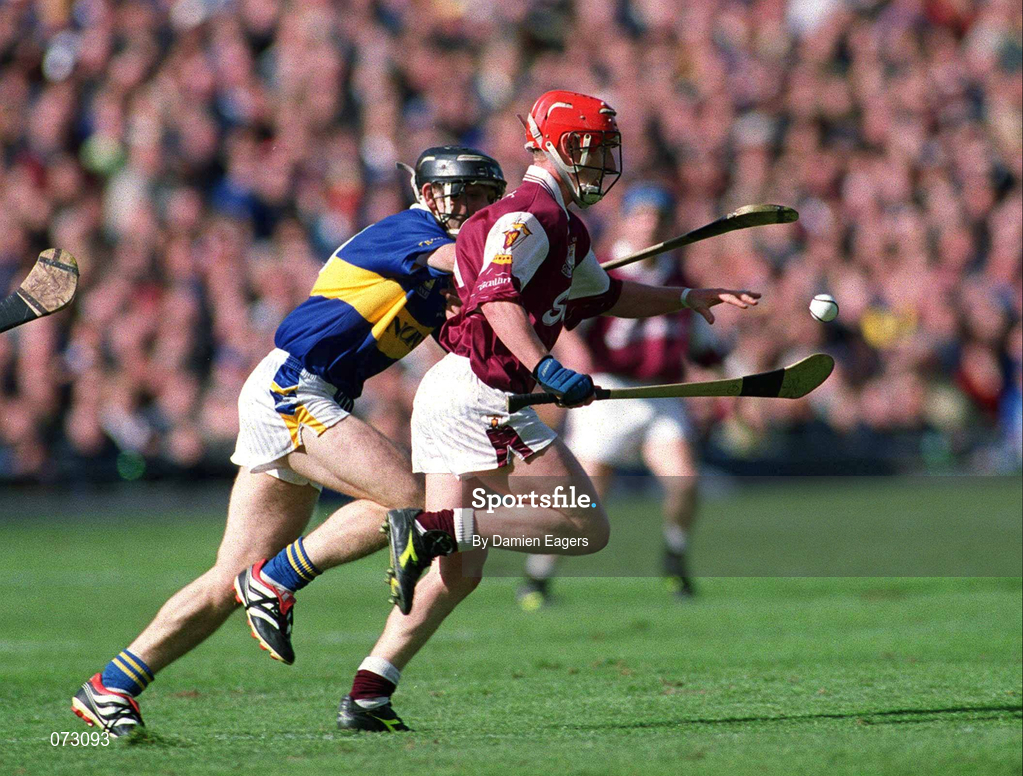 9 September 2001; Ollie Canning of Galway in action against Mark O'Leary of Tipperary during the Guinness All-Ireland Senior Hurling Championship Final match between Tipperary and Galway at Croke Park in Dublin. Photo by Damien Eagers/Sportsfile