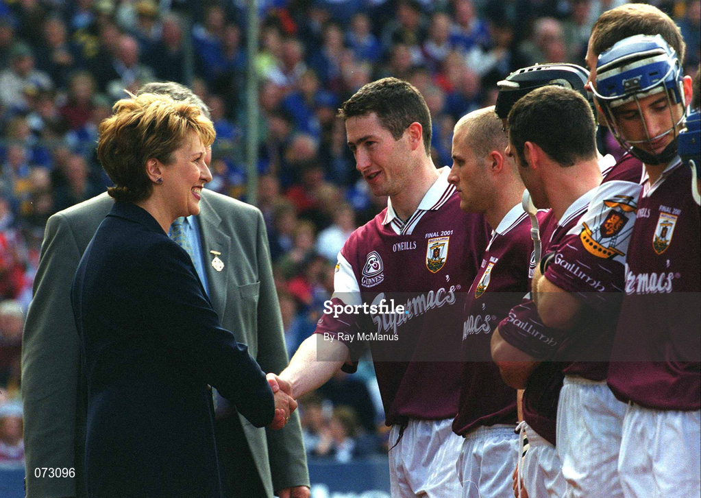 9 September 2001; President of Ireland Mary McAleese is introduced to Galway captain Liam Hodgins prior to the Guinness All-Ireland Senior Hurling Championship Final match between Tipperary and Galway at Croke Park in Dublin. Photo by Ray McManus/Sportsfile