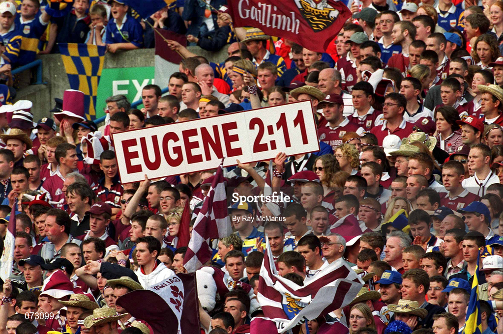 9 September 2001; Galway supporters with a sign referring to full forward Eugene Cloonan during the Guinness All-Ireland Senior Hurling Championship Final match between Tipperary and Galway at Croke Park in Dublin. Photo by Ray McManus/Sportsfile