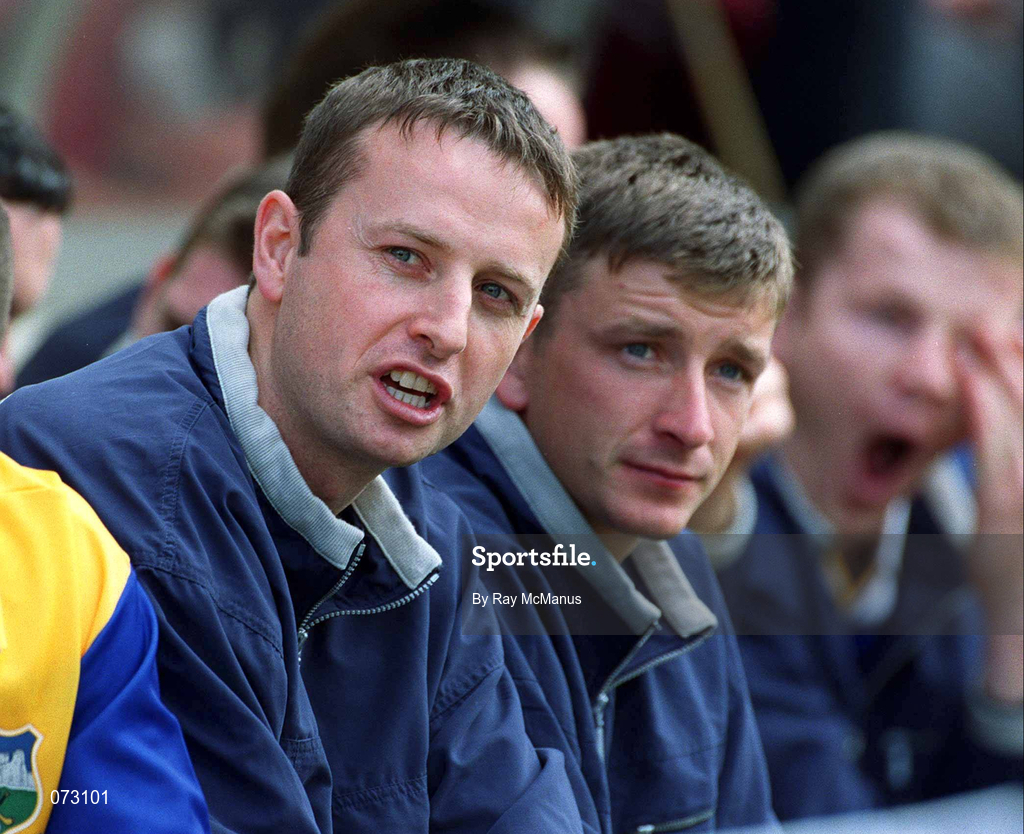 9 September 2001; Brian O'Meara of Tipperary, who was suspended for the match, watches on from the dug-out with the Tipperary substitutes during the Guinness All-Ireland Senior Hurling Championship Final match between Tipperary and Galway at Croke Park in Dublin. Photo by Ray McManus/Sportsfile