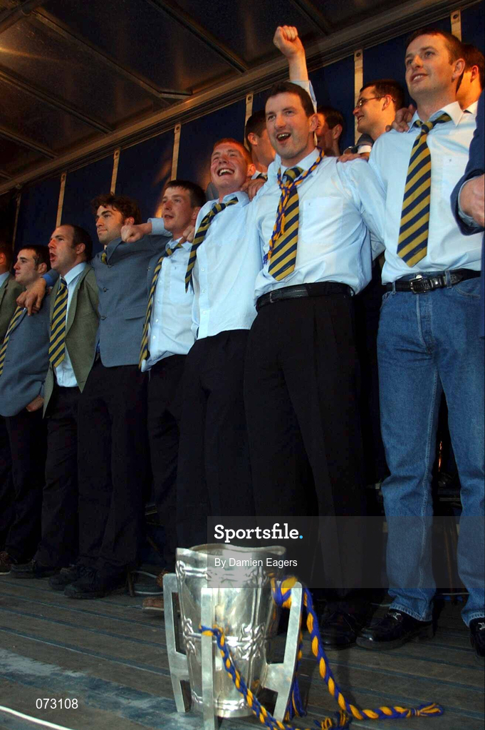 10 September 2001; Tipperary players, from left to right, Brian O'Meara, Brendan Cummins and Eamonn Corcoran celebrate with the Liam MacCarthy Cup at the Tipperary homecoming in Thurles, Tipperary. Photo by Damien Eagers/Sportsfile