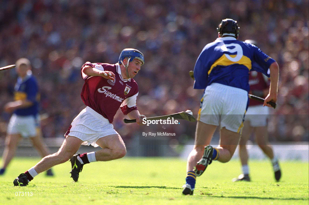 9 September 2001; Kevin Broderick of Galway in action against Eddie Enright of Tipperary during the Guinness All-Ireland Senior Hurling Championship Final match between Tipperary and Galway at Croke Park in Dublin. Photo by Ray McManus/Sportsfile