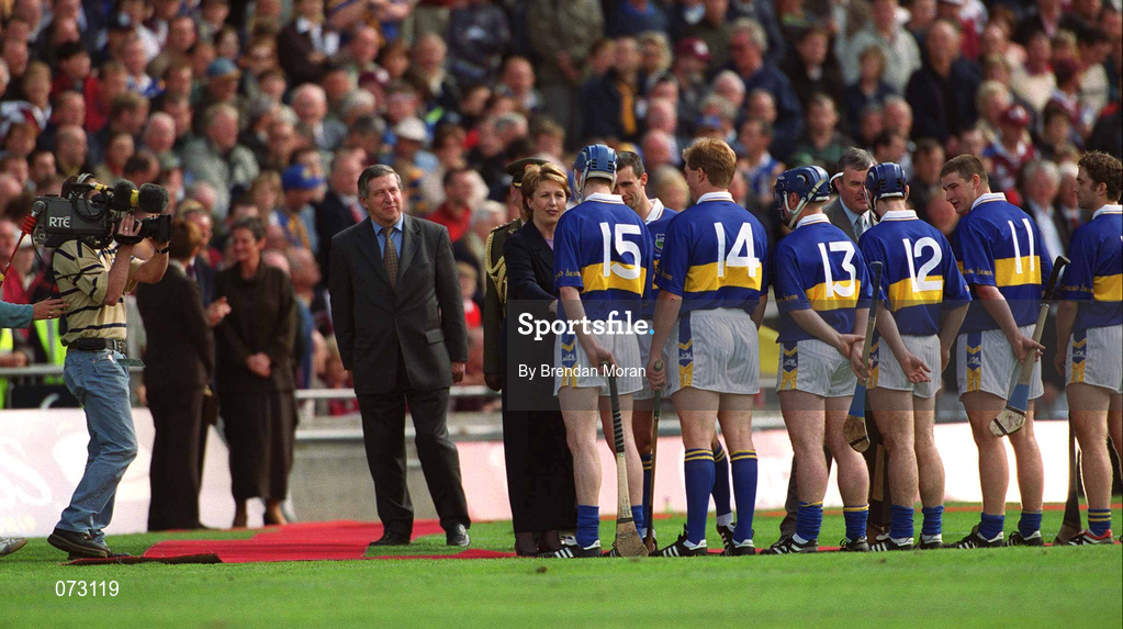 9 September 2001; President of Ireland Mary McAleese is introduced to the Tipperary team prior to the Guinness All-Ireland Senior Hurling Championship Final match between Tipperary and Galway at Croke Park in Dublin. Photo by Brendan Moran/Sportsfile