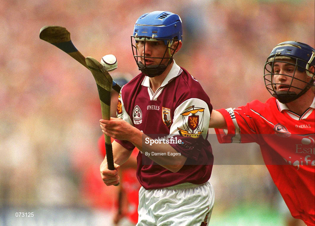 9 September 2001; Ciaran Finnerty of Galway is tackled by Kieran Murphy of Cork during the All-Ireland Minor Hurling Championship Final between Cork and Galway at Croke Park in Dublin. Photo by Damien Eagers/Sportsfile