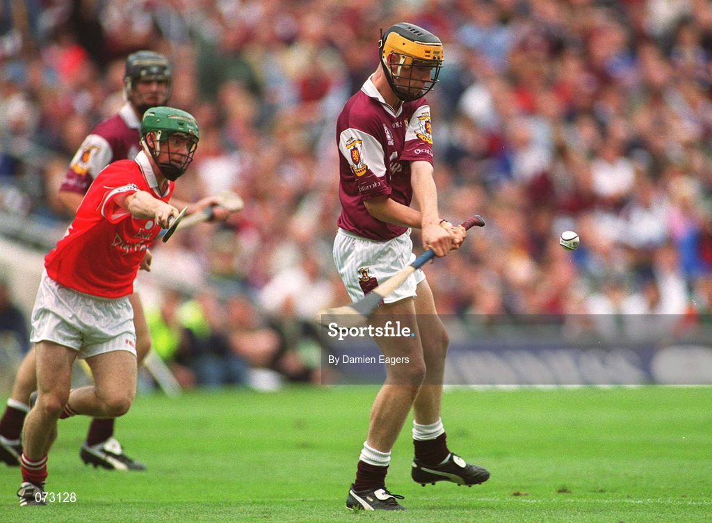 9 September 2001; Cathal Dervan of Galway in action against Fergus Murphy of Cork during the All-Ireland Minor Hurling Championship Final between Cork and Galway at Croke Park in Dublin. Photo by Damien Eagers/Sportsfile