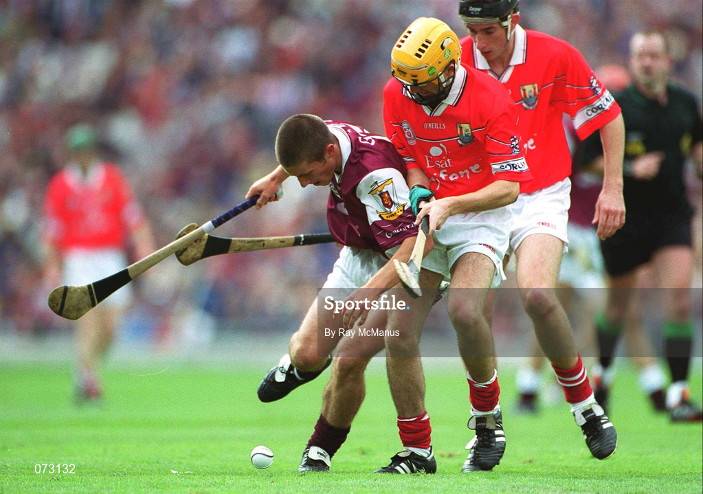 9 September 2001; Kenneth Burke of Galway in action against Shane Murphy of Cork during the All-Ireland Minor Hurling Championship Final between Cork and Galway at Croke Park in Dublin. Photo by Ray McManus/Sportsfile