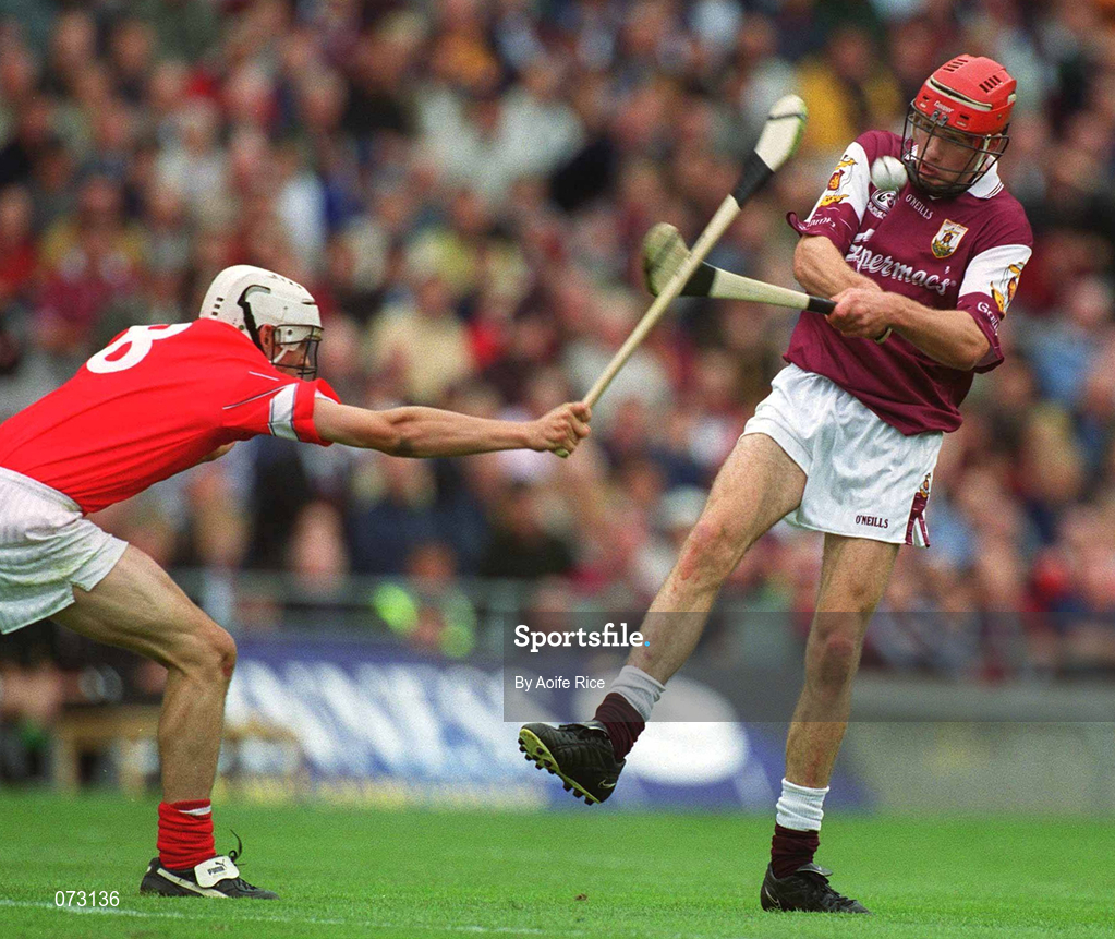 9 September 2001; Ciaran Finnerty of Galway in action against Kevin Hartnett of Cork during the All-Ireland Minor Hurling Championship Final between Cork and Galway at Croke Park in Dublin. Photo by Aoife Rice/Sportsfile