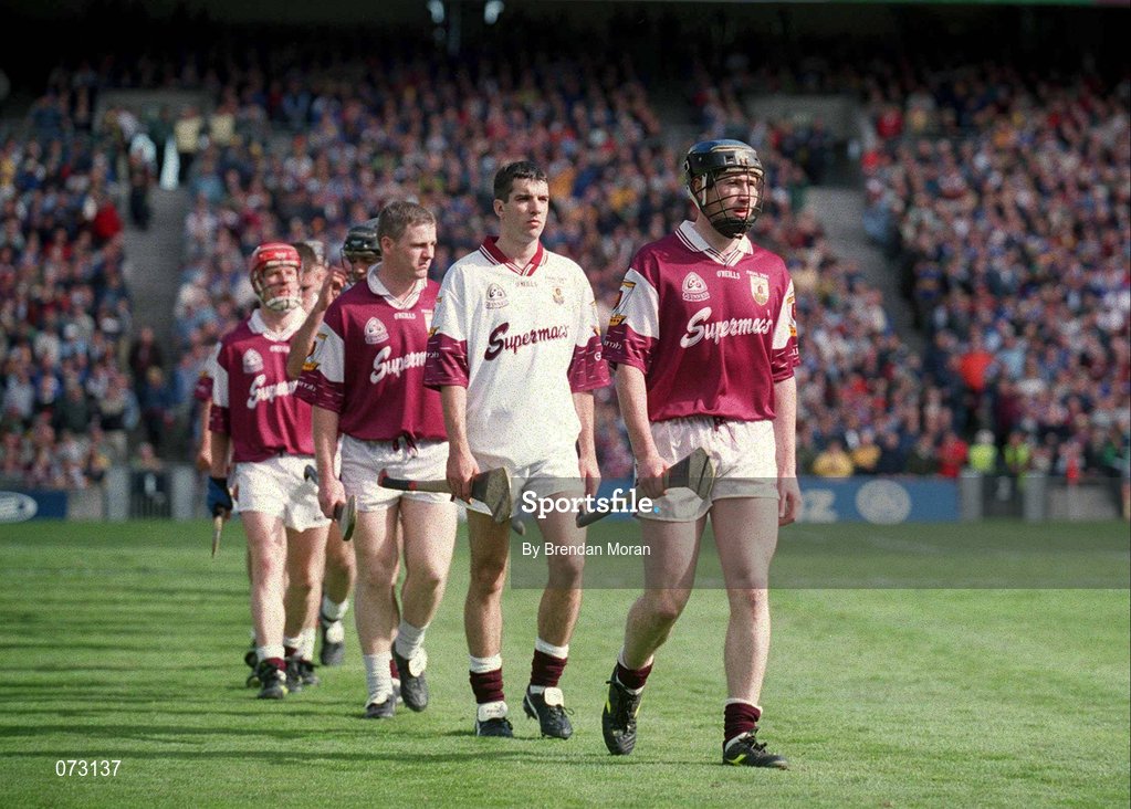 9 September 2001; Galway captain Liam Hodgins leads his team through the pre-match parade prior to the Guinness All-Ireland Senior Hurling Championship Final match between Tipperary and Galway at Croke Park in Dublin. Photo by Brendan Moran/Sportsfile