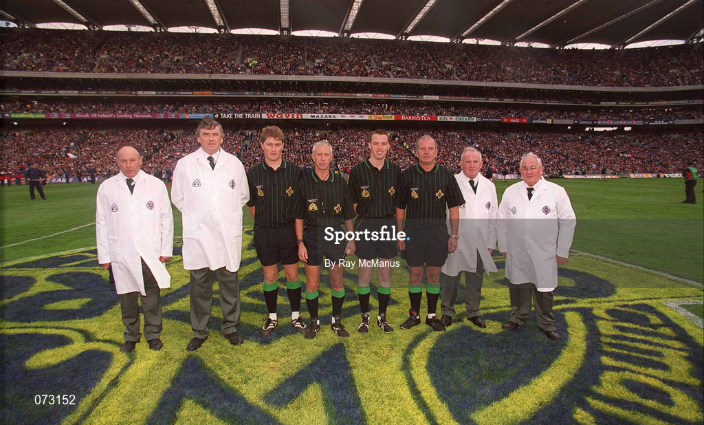 9 September 2001; The match officials, including Referee Pat O'Connor and linesmen Barry Kelly and Eamon Morris, prior to the Guinness All-Ireland Senior Hurling Championship Final match between Tipperary and Galway at Croke Park in Dublin. Photo by Ray McManus/Sportsfile