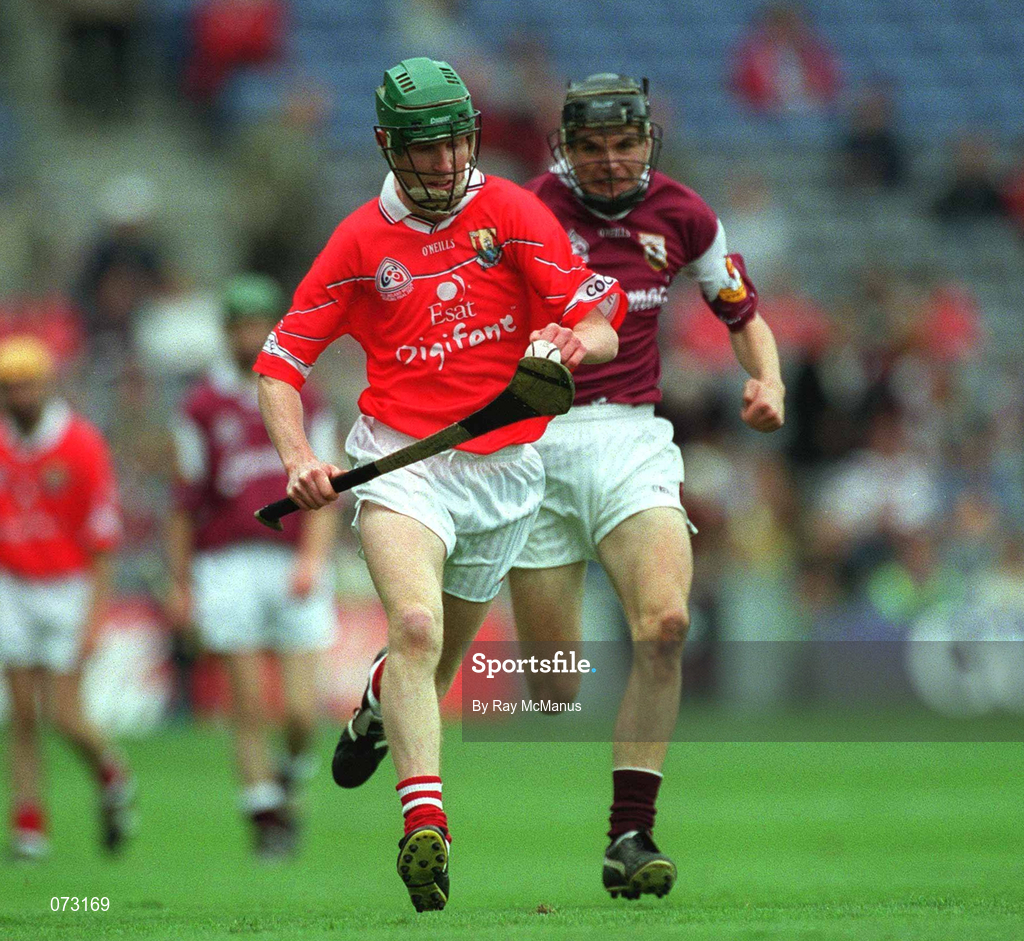 9 September 2001; John O'Connor of Cork in action against Joe O'Leary of Galway during the All-Ireland Minor Hurling Championship Final between Cork and Galway at Croke Park in Dublin. Photo by Ray McManus/Sportsfile