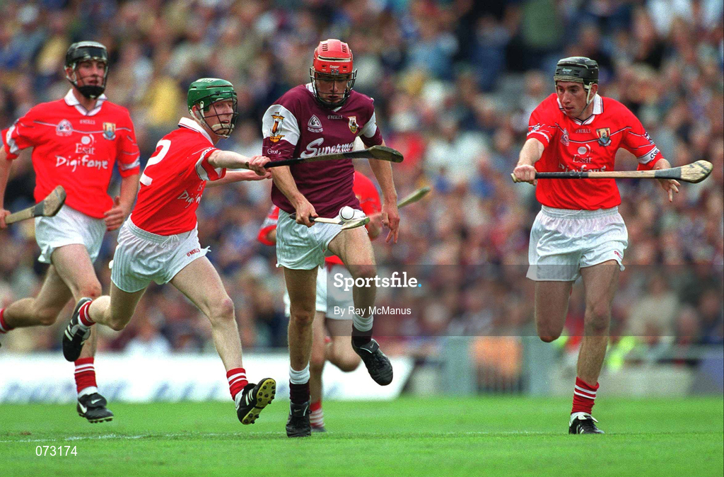 9 September 2001; Kenneth Burke of Galway in action against Cian O'Connor of Cork during the All-Ireland Minor Hurling Championship Final between Cork and Galway at Croke Park in Dublin. Photo by Ray McManus/Sportsfile