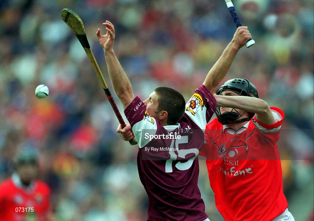 9 September 2001; Kenneth Burke of Galway in action against Cian O'Connor of Cork during the All-Ireland Minor Hurling Championship Final between Cork and Galway at Croke Park in Dublin. Photo by Ray McManus/Sportsfile