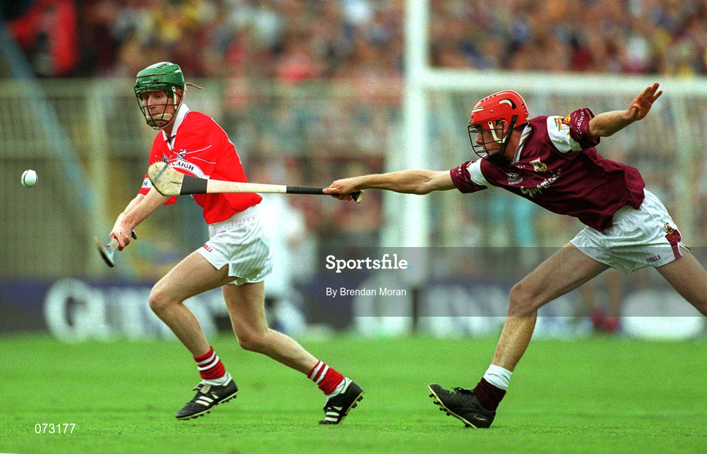 9 September 2001; John O'Connor of Cork in action against Tom Tierney of Galway during the All-Ireland Minor Hurling Championship Final between Cork and Galway at Croke Park in Dublin. Photo by Brendan Moran/Sportsfile