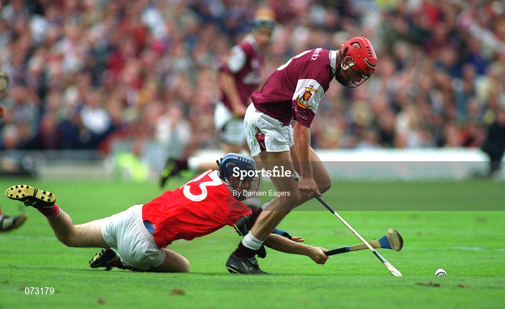 9 September 2001; Tom Tierney of Galway in action against Kieran Murphy of Cork during the All-Ireland Minor Hurling Championship Final between Cork and Galway at Croke Park in Dublin.  Photo by Damien Eagers/Sportsfile