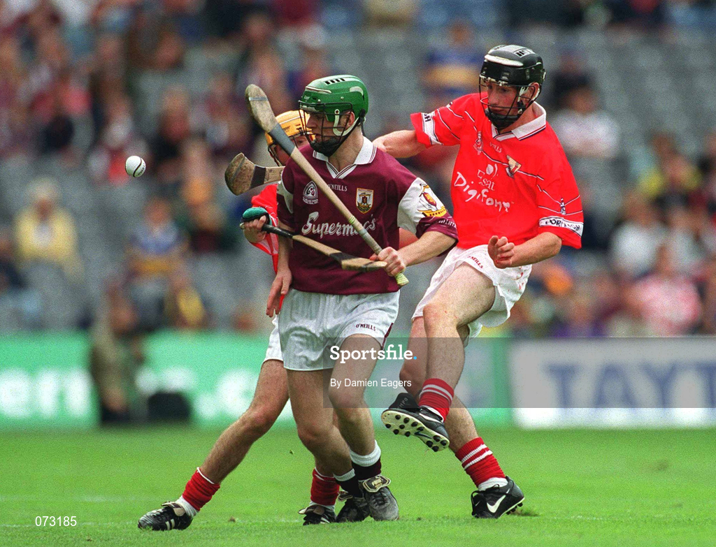 9 September 2001; Adrian Cullinane of Galway in action against Kieran Murphy of Cork during the All-Ireland Minor Hurling Championship Final between Cork and Galway at Croke Park in Dublin.  Photo by Damien Eagers/Sportsfile